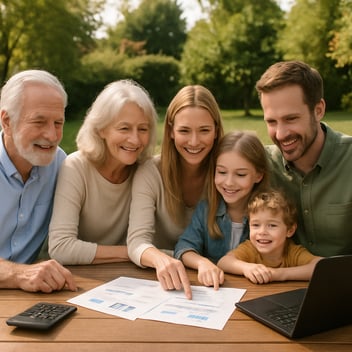 Three generations of a family gathered together around a table