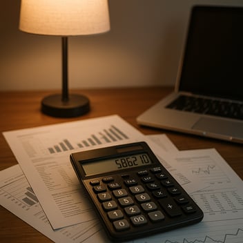 A financial calculator, paperwork and a laptop on a desk under a soft lamp