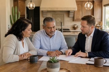 A retired couple reviewing their finances together at home