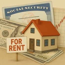 A collage of visual metaphors An image that combines multiple symbols of retirement income such as a small house with a for rent sign a Social Security card and a graph showing a stock market This visually summarizes the key points of the article