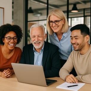 An image of a diverse group of people in a workplace including visibly older individuals all collaborating and smiling This would symbolize the growing trend of a multigenerational workforce-1