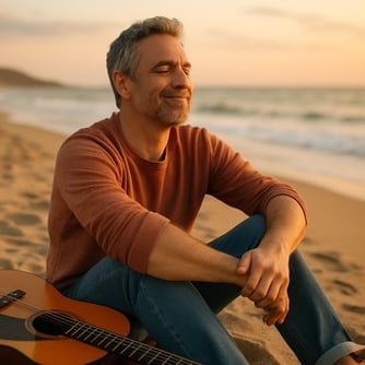 Middle aged person  Freedom from Work A person sitting on a beach hiking a mountain or engaged in a hobby they love with a calm and fulfilled expression This image should convey a sense of freedom and new experiences-1