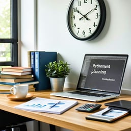 No graphs in image A serene office space bathed in natural light featuring a large wooden desk with a laptop open to a financial planning software interface On one side a stack of colorful financial books and guides titled Retirement Planning and Inv-1