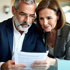 Two CAUCASION MIDDLE AGE LATE 40S people advisor and client looking at a document or tablet together both with engaged and understanding expressions This highlights the collaborative aspect and transparency The document could be partially visible sug