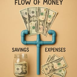 Visualizing the Flow of Money A creative image showing money flowing through a a simple easytounderstand system such as a set of pipes or a simple flowchart with some money going to savings and other money going to expenses This illustrates the impor