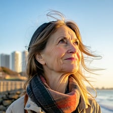 little younger Woman looking confidently into the distance A woman perhaps 40s50s with a thoughtful yet empowered expression looking towards a bright open future eg a serene landscape a calm beach or a modern city skyline at sunrisesunset Shes active-1