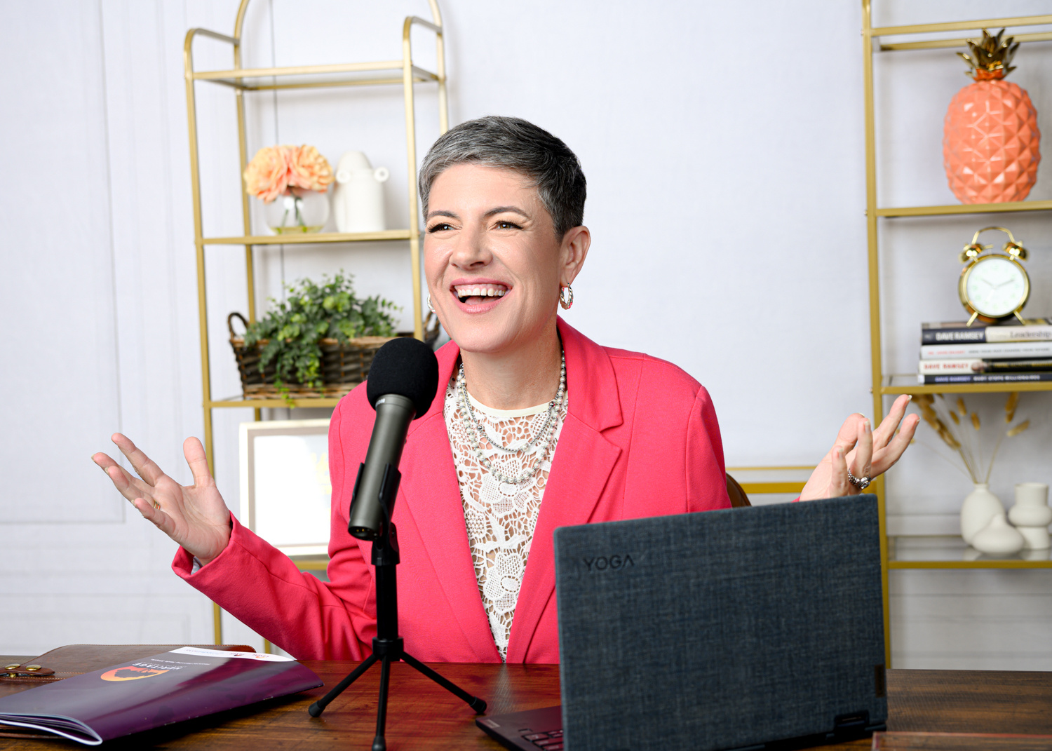Shanna Reed recording the We Make Money Fun podcast