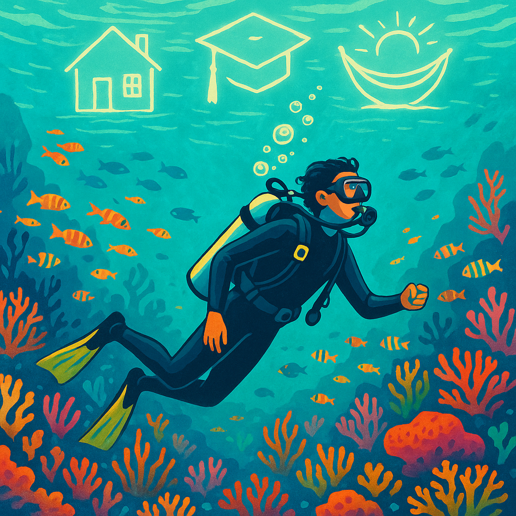 A diver exploring an underwater world of financial symbols
