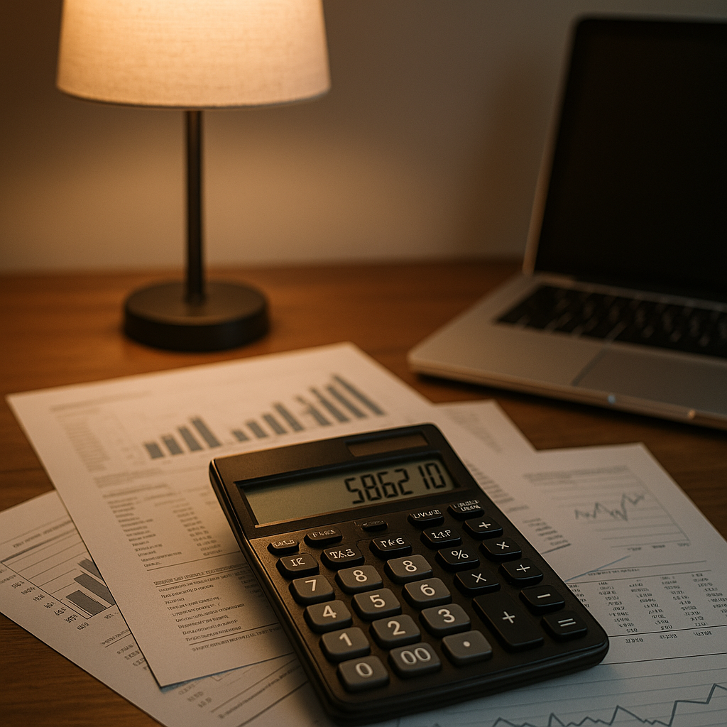 A financial calculator, paperwork and a laptop on a desk under a soft lamp