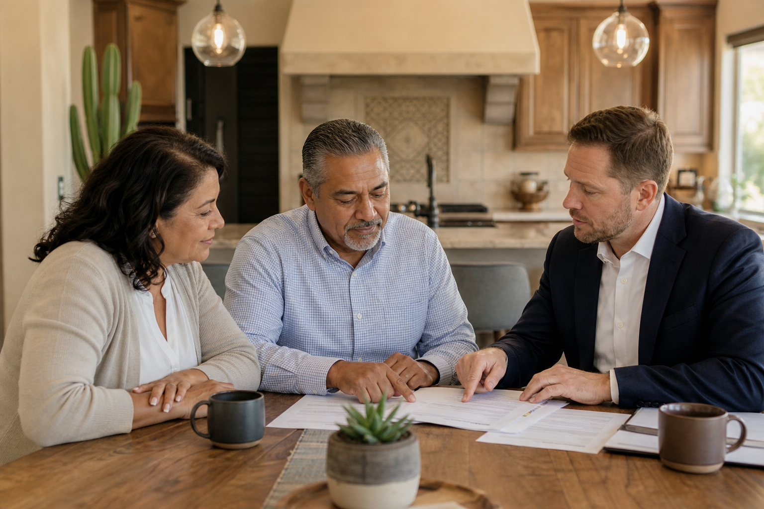 A retired couple reviewing their finances together at home