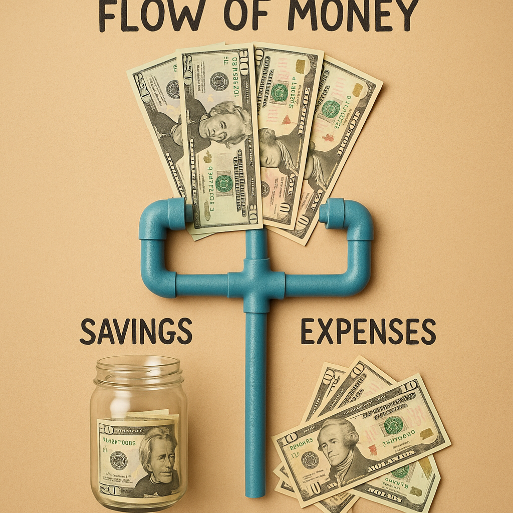 An illustration of money flowing between savings and everyday expenses