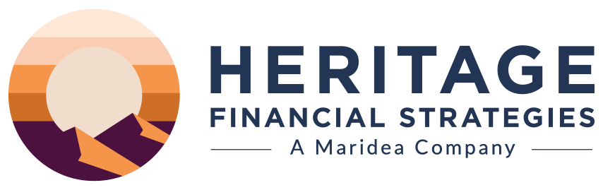 Heritage Financial Strategies logo with a circular sunset and mountain design on the left, and company name 'Heritage Financial Strategies – A Maridea Company' in dark blue text on the right.